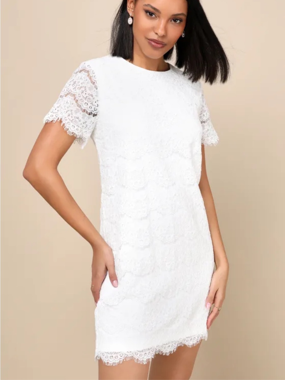 Lulu's White Lace Short-Sleeve Shift Dress Top